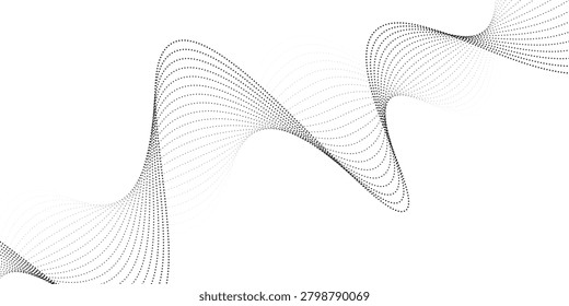Dotted wave line background. Black halftone undulate pattern. Abstract particle flow wave wallpaper. Curved dashed gradient net design element for poser, banner, presentation, booklet, flyer. Vector