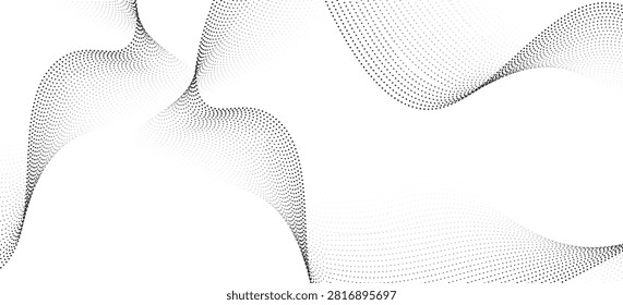 Dotted wave line background. Black halftone undulate pattern. Abstract particle flow wave wallpaper. Curved dashed gradient net design element for poser, banner, presentation, booklet, flyer.eps10