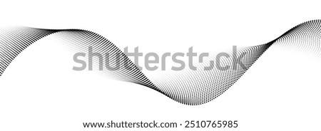 Dotted wave line background. Black halftone undulate pattern. Abstract flowing particle wave wallpaper. Curved dashed gradient net design element for poser, banner, presentation, booklet. Vector