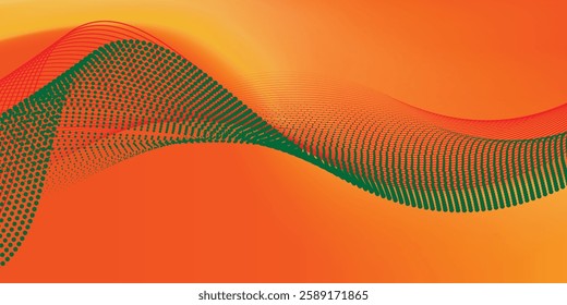 Dotted wave line background. green and red halftone undulate pattern. Abstract particle flow wave wallpaper. Curved dashed gradient net design element for poser, banner, presentation, booklet, flyer.