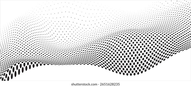 Padrão de linha de onda pontilhada. Fundo de rede ondulado de meio-tom preto. Papel de parede de fluxo de partículas pontilhado abstrato. Elemento de gradiente tracejado curvo para placa, faixa, apresentação, livreto, panfleto. Vetor