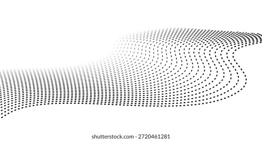Gestricheltes Wellenlinienmuster. Schwarzer Halbton, gewellter Netzhintergrund. Abstrakte Streifenpartikel-Flow-Tapete. Gestricheltes Farbverlaufselement für Poster, Banner, Präsentation, Broschüre, Flyer. Vektorgrafik