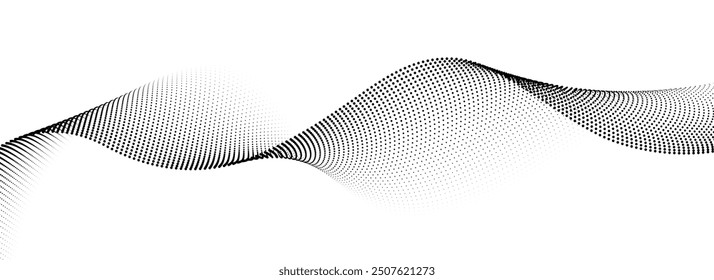 Dotted wave lines background. Black halftone undulate pattern. Curved dashed gradient design element for poser, banner, presentation, booklet. Abstract flowing particle dot line wallpaper. Vector