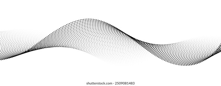 Dotted wavy line background. Black halftone undulate pattern. Curved dashed gradient design element for poser, banner, presentation, booklet. Abstract flowing particle wave wallpaper. Vector