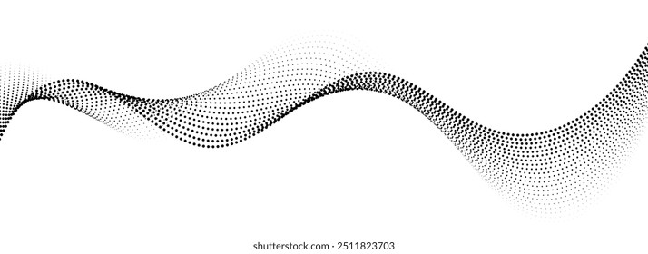 Dotted wavy line background. Black halftone undulate pattern. Abstract particle flow wave wallpaper. Curved dashed gradient net element for poser, banner design, presentation, booklet, flyer. Vector