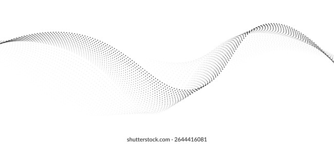Plano de fundo de linha ondulada pontilhada. Padrão ondulado de meio-tom preto. Papel de parede de onda de fluxo de partícula abstrata. Elemento de rede de gradiente tracejado curvo para poser, design de banner, apresentação, livreto, folheto. Vetor