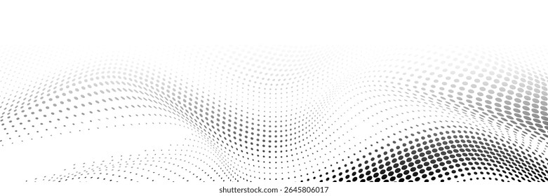 Plano de fundo de linha ondulada pontilhada. Padrão ondulado de meio-tom preto. Elemento de design de gradiente tracejado curvo para placa, faixa, apresentação, livreto. Papel de parede de onda de partícula de fluxo abstrato. Vetor
