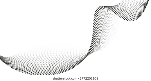 Dotted wavy line background. Black halftone undulate pattern. Curved dashed gradient design element for poser, banner, presentation, booklet. Abstract flowing particle wave wallpaper. Vector