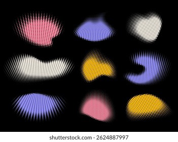 Coleção de formas onduladas pontilhadas. Elementos de efeito de meio-tom com gradientes abstratos curvos