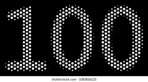 Dotted white 100 text icon on a black background. Vector halftone illustration of 100 text icon made from round dots.