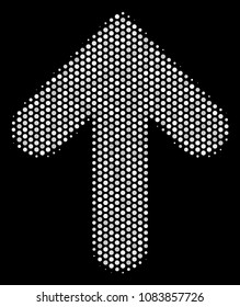 Dotted white arrow direction icon on a black background. Vector halftone illustration of arrow direction icon constructed from round pixels.