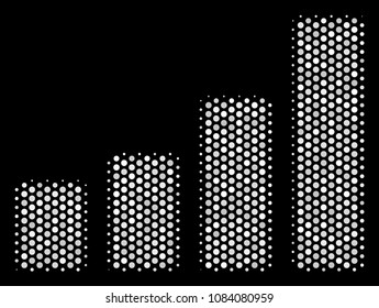 Dotted white bar chart icon on a black background. Vector halftone collage of bar chart pictogram created from circle elements.