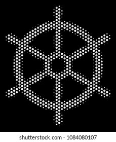 Dotted white boat steering wheel icon on a black background. Vector halftone illustration of boat steering wheel pictogram created with circle items.