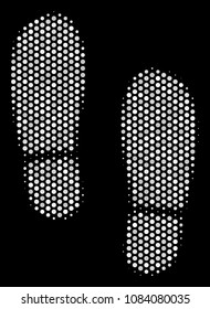 Dotted white boot footprints icon on a black background. Vector halftone composition of boot footprints symbol created with circle items.