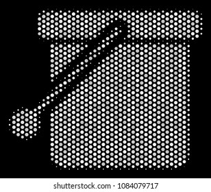 Dotted white bucket icon on a black background. Vector halftone mosaic of bucket symbol constructed from circle points.