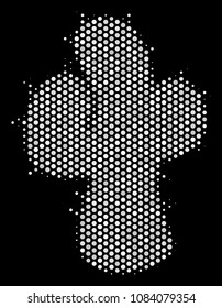 Dotted white cacti icon on a black background. Vector halftone pattern of cacti pictogram designed from circle pixels.