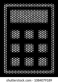 Dotted white calculator icon on a black background. Vector halftone collage of calculator icon created of round dots.