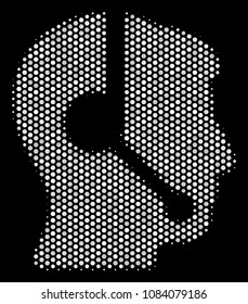 Dotted white call center operator icon on a black background. Vector halftone pattern of call center operator pictogram done from round items.