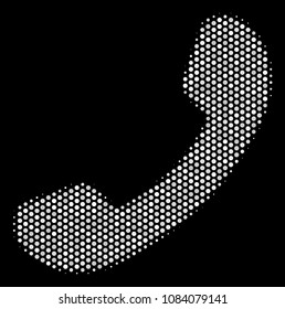 Dotted white call icon on a black background. Vector halftone concept of call pictogram designed with round items.