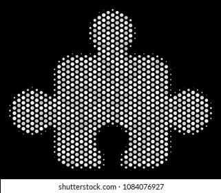 Dotted white component icon on a black background. Vector halftone illustration of component symbol composed with circle dots.
