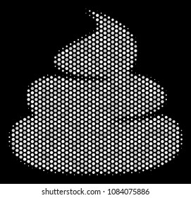 Dotted white crap icon on a black background. Vector halftone collage of crap symbol constructed from circle dots.