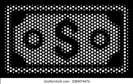 Dotted white dollar banknote icon on a black background. Vector halftone composition of dollar banknote icon combined from circle dots.
