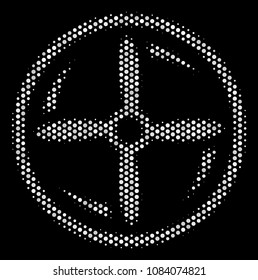 Dotted white drone screw rotation icon on a black background. Vector halftone illustration of drone screw rotation symbol created with round items.
