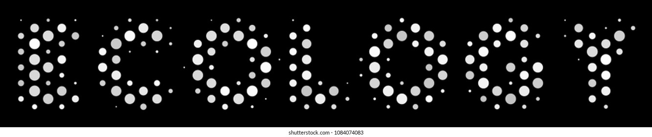 Dotted white ecology text icon on a black background. Vector halftone pattern of ecology text icon composed of circle elements.