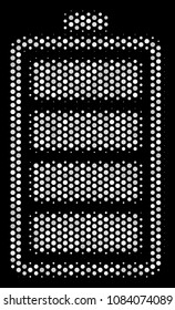 Dotted white electric battery icon on a black background. Vector halftone composition of electric battery pictogram made from circle elements.