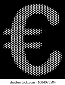 Dotted white Euro symbol icon on a black background. Vector halftone pattern of Euro symbol symbol designed from circle items.