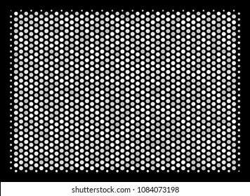 Dotted white filled rectange icon on a black background. Vector halftone composition of filled rectange pictogram composed from spheric points.