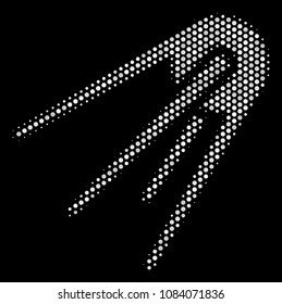 Dotted white first satellite icon on a black background. Vector halftone composition of first satellite icon organized with circle items.