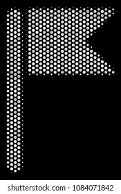 Dotted white flag icon on a black background. Vector halftone composition of flag symbol combined with spheric pixels.