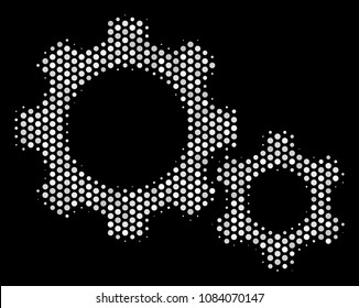 Dotted white gears icon on a black background. Vector halftone collage of gears pictogram done from spheric points.