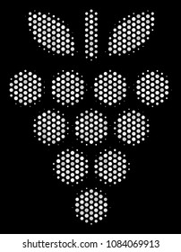 Dotted white grapes icon on a black background. Vector halftone composition of grapes icon constructed of spheric pixels.
