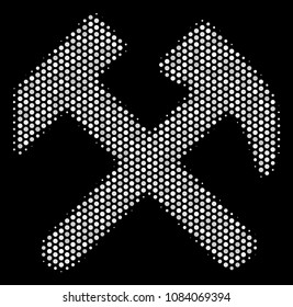 Dotted white hammers icon on a black background. Vector halftone composition of hammers symbol designed of spheric items.