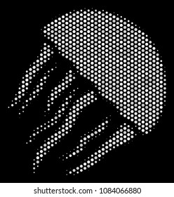 Dotted white jellyfish icon on a black background. Vector halftone pattern of jellyfish symbol formed from spheric pixels.
