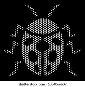 Dotted white ladybird bug icon on a black background. Vector halftone illustration of ladybird bug pictogram constructed of round dots.