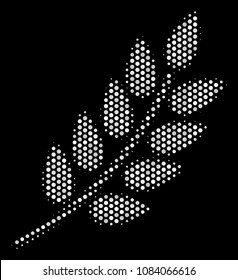 Dotted white leaf branch icon on a black background. Vector halftone mosaic of leaf branch icon done from round elements.