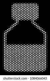 Dotted white liquid bottle icon on a black background. Vector halftone mosaic of liquid bottle icon done from round items.