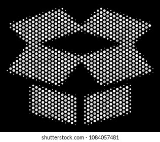 Dotted white open box icon on a black background. Vector halftone composition of open box pictogram organized from circle items.