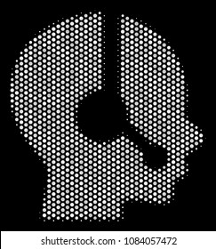 Dotted white operator icon on a black background. Vector halftone collage of operator icon made of round elements.
