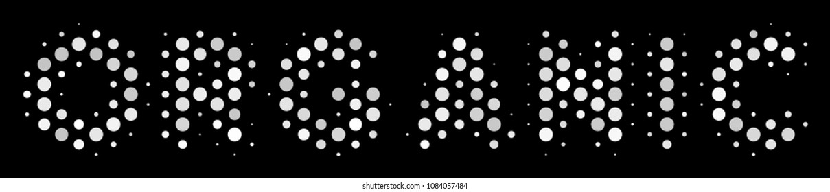 Dotted white organic text icon on a black background. Vector halftone mosaic of organic text symbol made from circle dots.