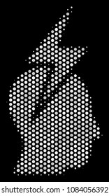 Dotted white person stress strike icon on a black background. Vector halftone mosaic of person stress strike symbol composed of round pixels.