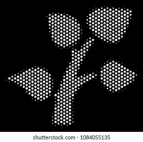 Dotted white plant tree icon on a black background. Vector halftone illustration of plant tree icon made from spheric items.