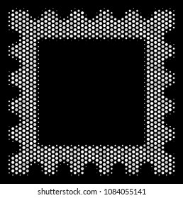 Dotted white postage stamp icon on a black background. Vector halftone mosaic of postage stamp pictogram composed of spheric points.