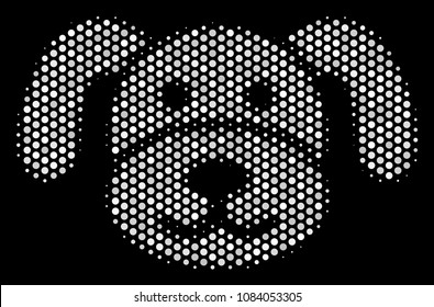 Dotted white puppy icon on a black background. Vector halftone collage of puppy pictogram done from round elements.