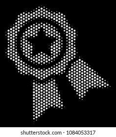 Dotted white quality icon on a black background. Vector halftone composition of quality icon made from round elements.