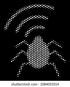 Dotted white radio bug icon on a black background. Vector halftone collage of radio bug pictogram formed of round pixels.