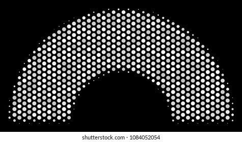 Dotted white rainbow icon on a black background. Vector halftone composition of rainbow icon combined from circle items.